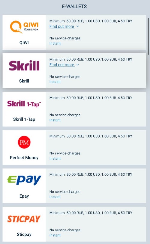 E-wallets 1xbet deposit